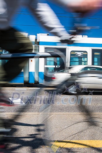 City transportation concept - commuting methods - on bike, by car, by bus, your choice