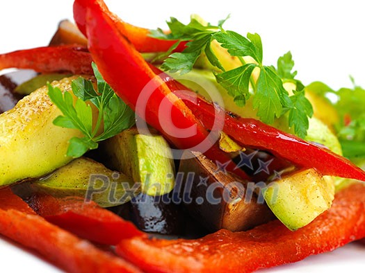 grilled fresh meat and vegetables organic healthy food isolated on white background