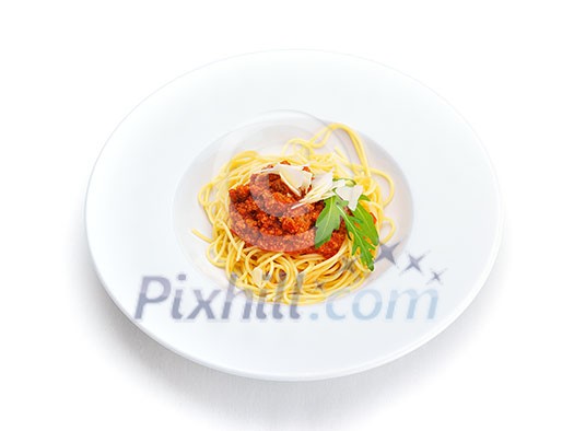 Italian spaghetti topped with bolognaise, or bolognese, sauce with tomatoes, meat and cheese on a plain white plate Italian spaghetti topped with bolognaise, or bolognese, sauce with tomatoes, meat and cheese on a plain white plate