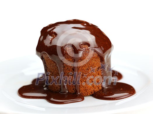 muffin with chocolate sauce dessert isolated on white background muffin with chocolate sauce dessert isolated on white background