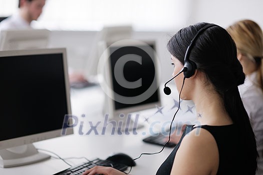 business people group with headphones giving support in help desk office to customers, manager giving training and education instructions business people group with headphones giving support in help desk office to customers, manager giving training and education instructions
