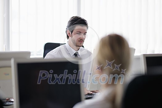 business people group with headphones giving support in help desk office to customers, manager giving training and education instructions business people group with headphones giving support in help desk office to customers, manager giving training and education instructions
