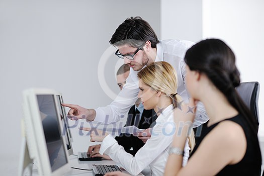business people group with headphones giving support in help desk office to customers, manager giving training and education instructions business people group with headphones giving support in help desk office to customers, manager giving training and education instructions