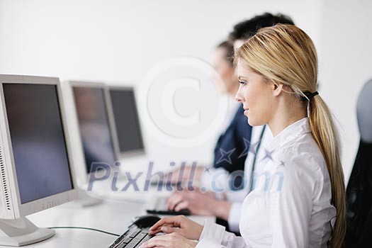 business people group with headphones giving support in help desk office to customers, manager giving training and education instructions business people group with headphones giving support in help desk office to customers, manager giving training and education instructions