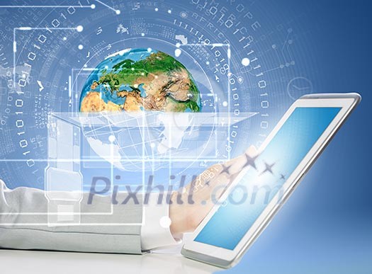 Close up image of human hand holding tablet pc. Elements of this image are furhished by NASA Close up image of human hand holding tablet pc. Elements of this image are furhished by NASA