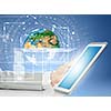 Close up image of human hand holding tablet pc. Elements of this image are furhished by NASA