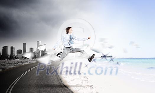 Image of businessman running away from office work Image of businessman running away from office work