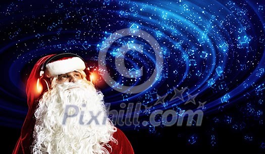 Image of Santa Claus in red costume wearing earphones Image of Santa Claus in red costume wearing earphones
