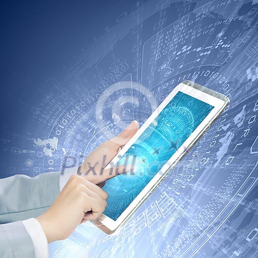 Close up image of human hand touching screen of tablet pc Close up image of human hand touching screen of tablet pc