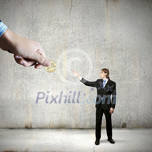 Miniature of businessman getting one cent from someone Miniature of businessman getting one cent from someone
