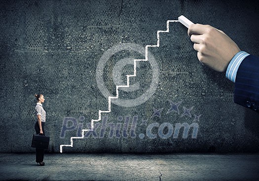Businesswoman stepping ladder drawn by hand with chalk Businesswoman stepping ladder drawn by hand with chalk