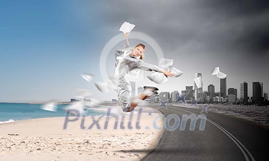 Image of businesswoman jumping joyfully. Summer vacation