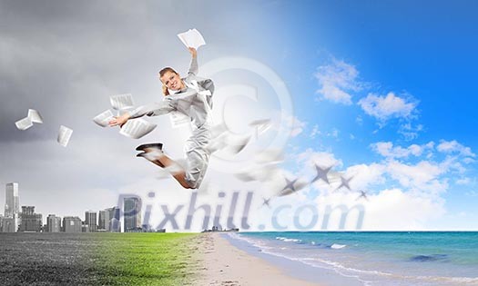Image of businesswoman jumping joyfully. Summer vacation Image of businesswoman jumping joyfully. Summer vacation