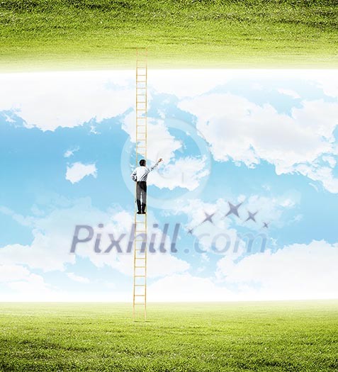 Rear view of businessman climbing ladder between two realities Rear view of businessman climbing ladder between two realities