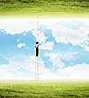 Rear view of businessman climbing ladder between two realities