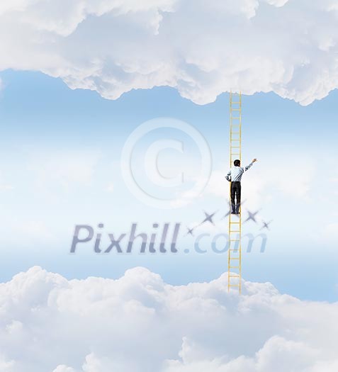 Businessman standing on ladder high in sky Businessman standing on ladder high in sky