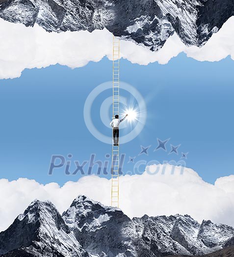 Businessman standing on ladder between two realities Businessman standing on ladder between two realities