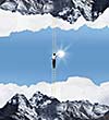 Businessman standing on ladder between two realities