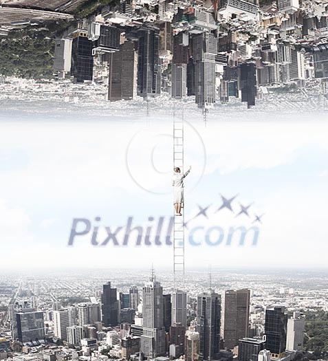 Businesswoman standing on ladder between two realities Businesswoman standing on ladder between two realities