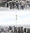 Businesswoman standing on ladder between two realities
