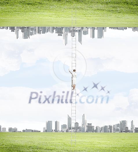Businesswoman standing on ladder between two realities Businesswoman standing on ladder between two realities