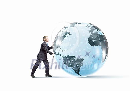 Businessman pushing big Earth planet. Elements of this image are furnished by NASA Businessman pushing big Earth planet. Elements of this image are furnished by NASA