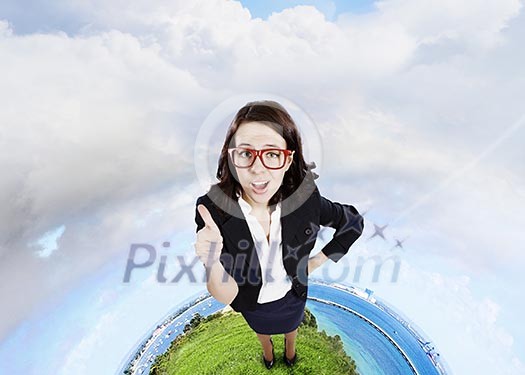 Top view of young pretty businesswoman with thumbs up Top view of young pretty businesswoman with thumbs up