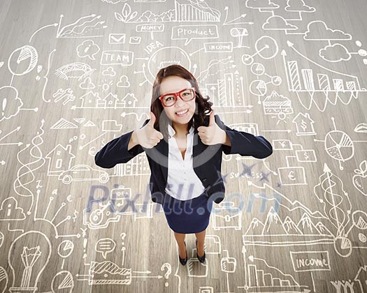 Top view of young pretty businesswoman with thumbs up