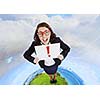 Top view of excited businesswoman holding white blank banner