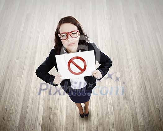 Top view of businesswoman holding banner with prohibition sign Top view of businesswoman holding banner with prohibition sign