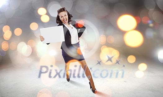 Top view of excited businesswoman holding white blank banner. Place for text Top view of excited businesswoman holding white blank banner. Place for text