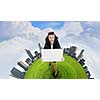 Top view of excited businesswoman holding white blank banner. Place for text