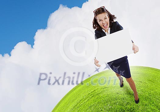 Top view of excited businesswoman holding white blank banner. Place for text Top view of excited businesswoman holding white blank banner. Place for text