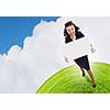 Top view of excited businesswoman holding white blank banner. Place for text