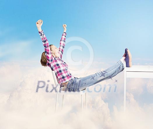 Young woman in casual with arms up celebrating success Young woman in casual with arms up celebrating success
