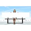 Young asian woman sitting on bench with blank banner