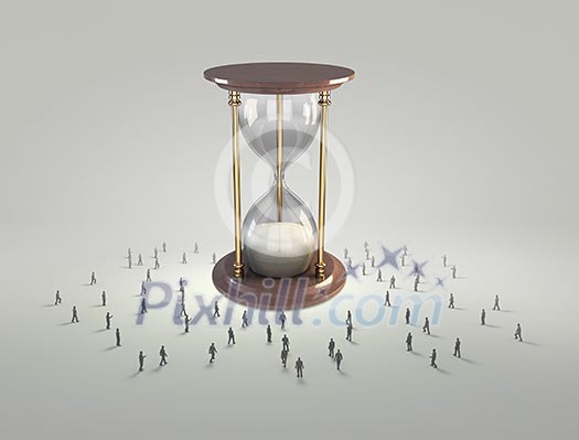 Conceptual image with sandglass and silhouettes of business people around Conceptual image with sandglass and silhouettes of business people around