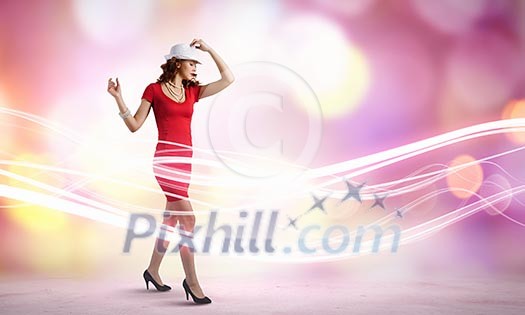 Woman in red dress against bokeh background Woman in red dress against bokeh background