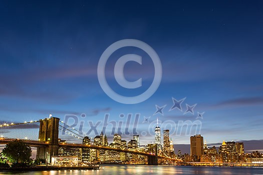 Brooklyn Bridge at dusk viewed from the Brooklyn Bridge Park in New York City Brooklyn Bridge at dusk viewed from the Brooklyn Bridge Park in New York City