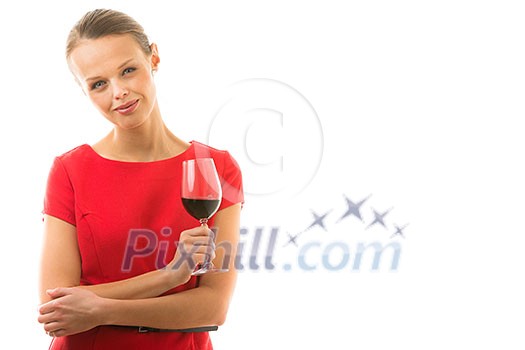 Elegant young woman in a red dress, having a glass of red wine isolated on white background Elegant young woman in a red dress, having a glass of red wine isolated on white background