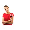 Elegant young woman in a red dress, having a glass of red wine isolated on white background