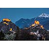 Switzerland, Valais, Sion, Night Shot of the  two Castles - Tourbillon castle on the left and the fortified basilica of Valere is on the hill to the right