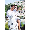 Portrait of happy young love couple on scooter enjoying themselves in a park at summer time