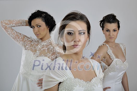 portrait of a three beautiful woman in wedding dress, bride and her friends bridesmaid portrait of a three beautiful woman in wedding dress, bride and her friends bridesmaid
