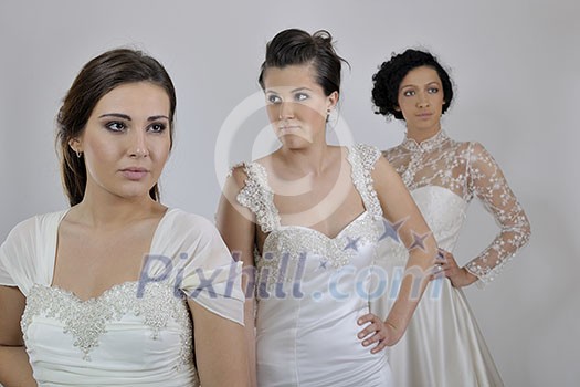 portrait of a three beautiful woman in wedding dress, bride and her friends bridesmaid portrait of a three beautiful woman in wedding dress, bride and her friends bridesmaid