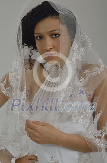 Portrait of a beautiful woman dressed as a bride isolated on white background in studio Portrait of a beautiful woman dressed as a bride isolated on white background in studio