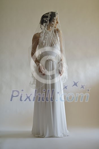 Portrait of a beautiful woman dressed as a bride isolated on white background in studio Portrait of a beautiful woman dressed as a bride isolated on white background in studio