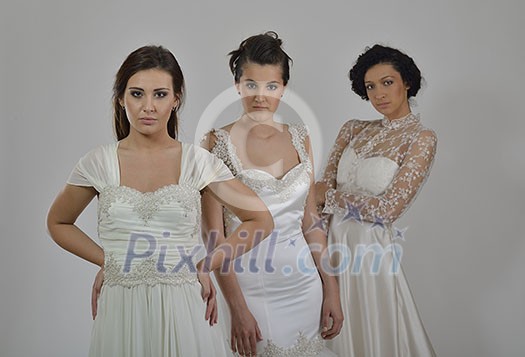 portrait of a three beautiful woman in wedding dress, bride and her friends bridesmaid portrait of a three beautiful woman in wedding dress, bride and her friends bridesmaid