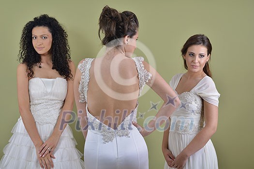 portrait of a three beautiful woman in wedding dress, bride and her friends bridesmaid portrait of a three beautiful woman in wedding dress, bride and her friends bridesmaid