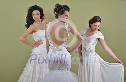 portrait of a three beautiful woman in wedding dress, bride and her friends bridesmaid portrait of a three beautiful woman in wedding dress, bride and her friends bridesmaid